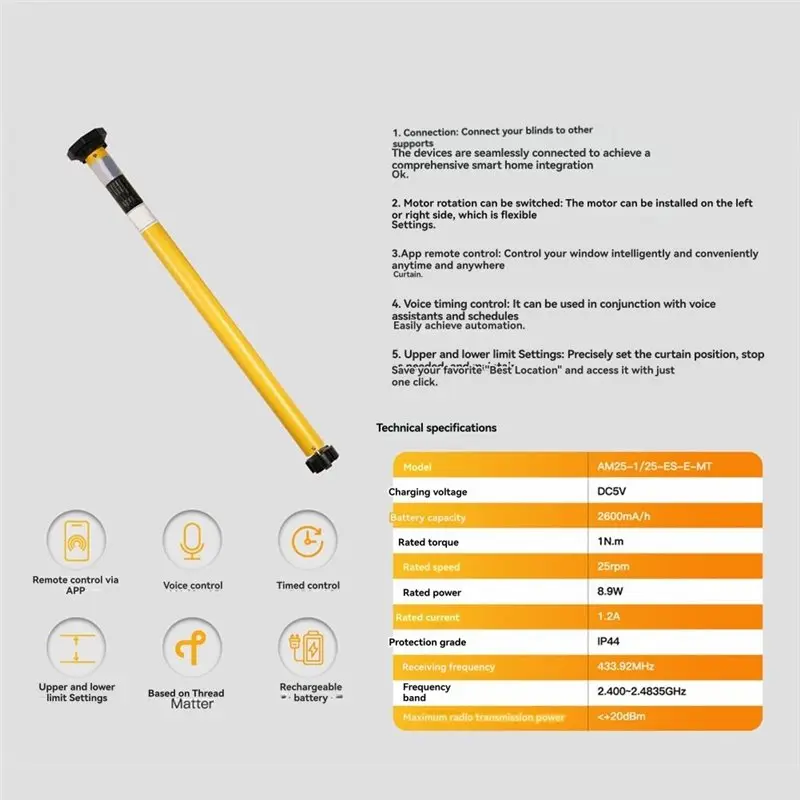 DT51 Tuya for Matter over Thread Smart Roller Blinds Motor for 38mm 25 Tube, WiFi Automation, App & Voice Control, Limit Setting