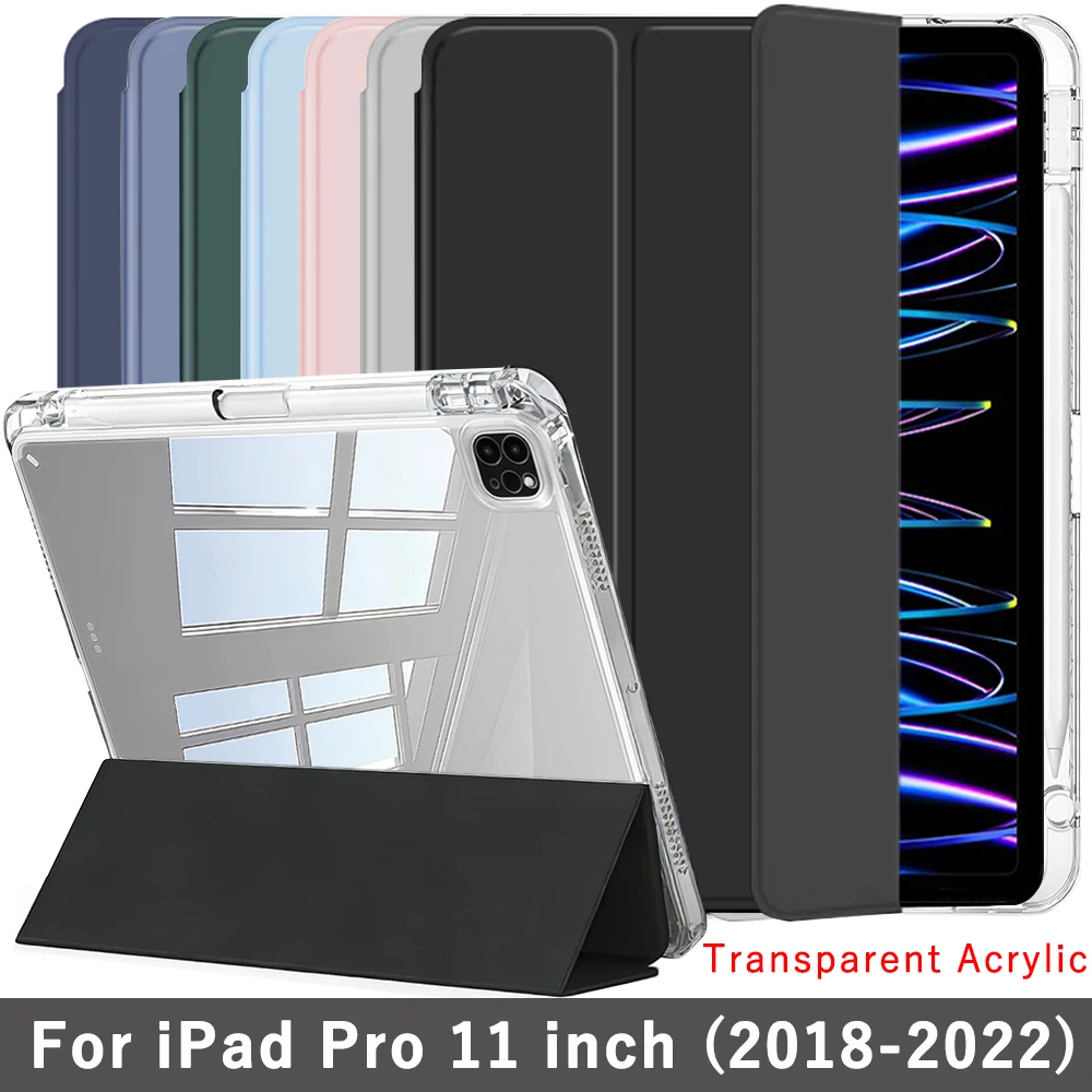 Clear Crystal Tablet Case With Pen Slot For iPad Pro 11 inch (1st/2nd/3rd/4th) 2018/2020/2021/2022 Tri-fold Magnetic Stand Cases