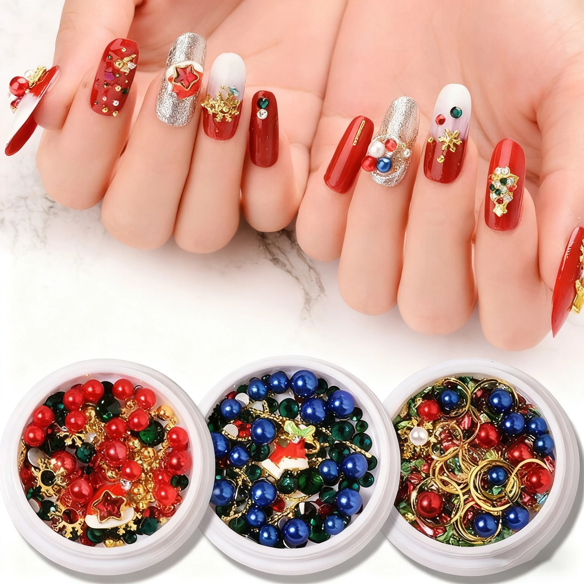1 scatola di decorazioni natalizie per unghie in metallo di dimensioni miste fiocchi di neve 3D perle di Natale verde rosso oro perline per unghie accessori per manicure