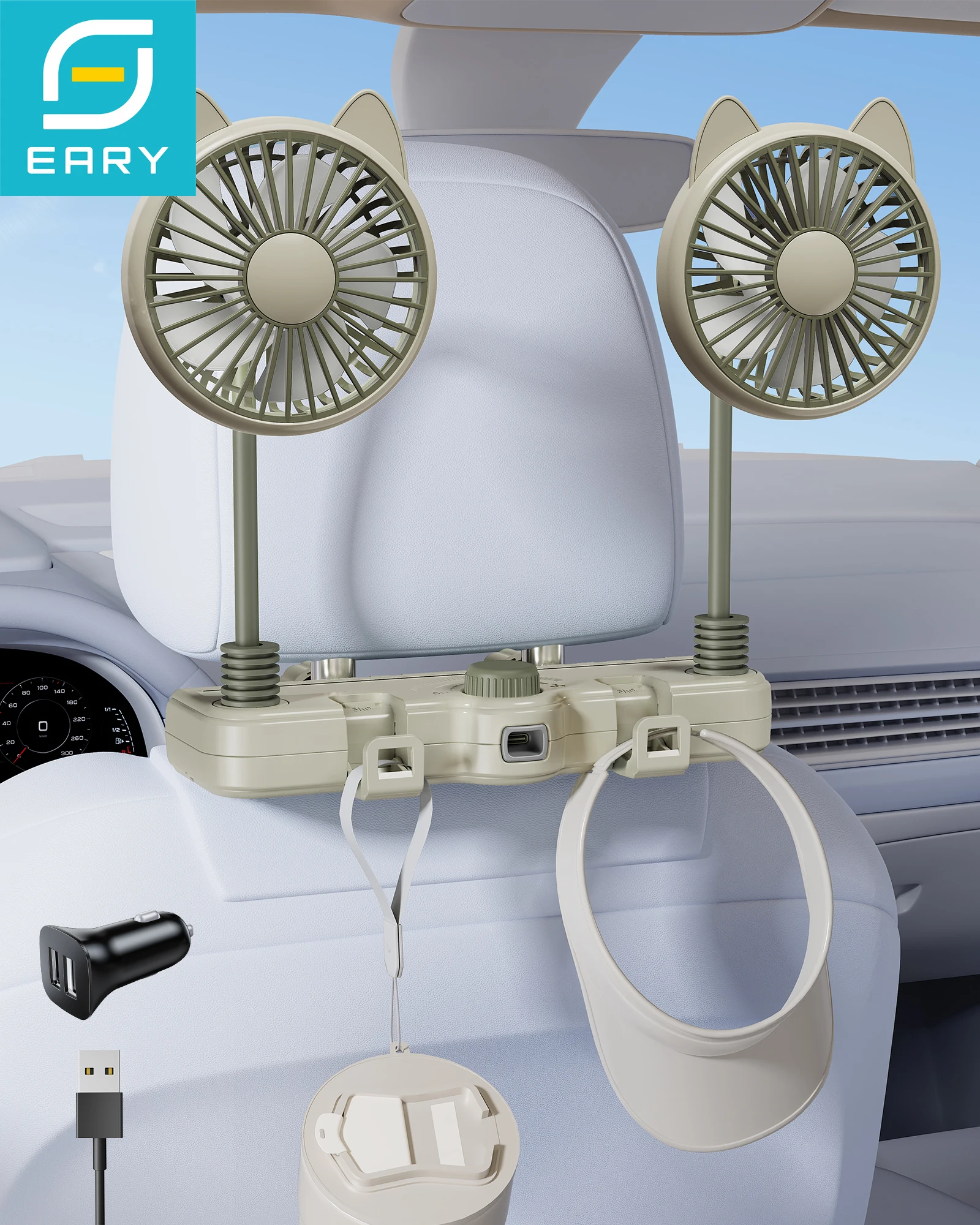 

Автомобильный вентилятор Eary с двумя головками для задних сидений, крепление на подголовник, 3000 мАч, питание от аккумулятора, USB-перезаряжаемые охлаждающие вентиляторы для автомобиля