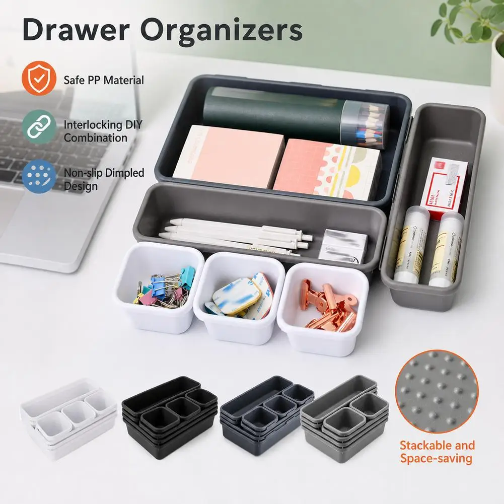 Plastic Drawer Storage Organizer Box Interlocking Connectable Design Non Slip Dotted Bottom Stackable Multi Size Tray For Home