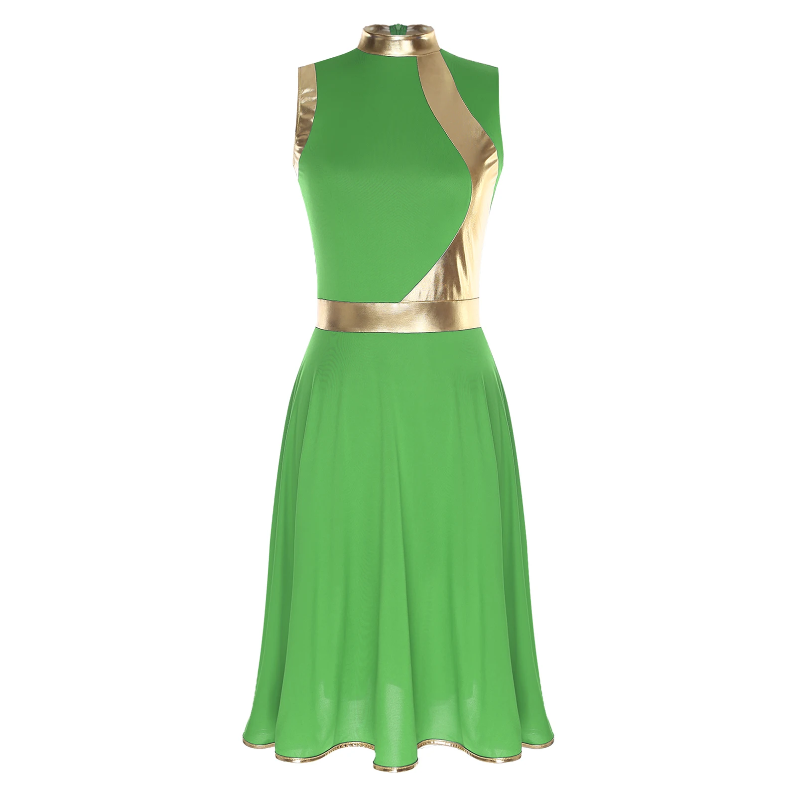 

Women Lyrical Dance Dress Praise Liturgical Worship Dancewear Metallic Shiny Sleeveless A-line Dress for Performance Dance Party