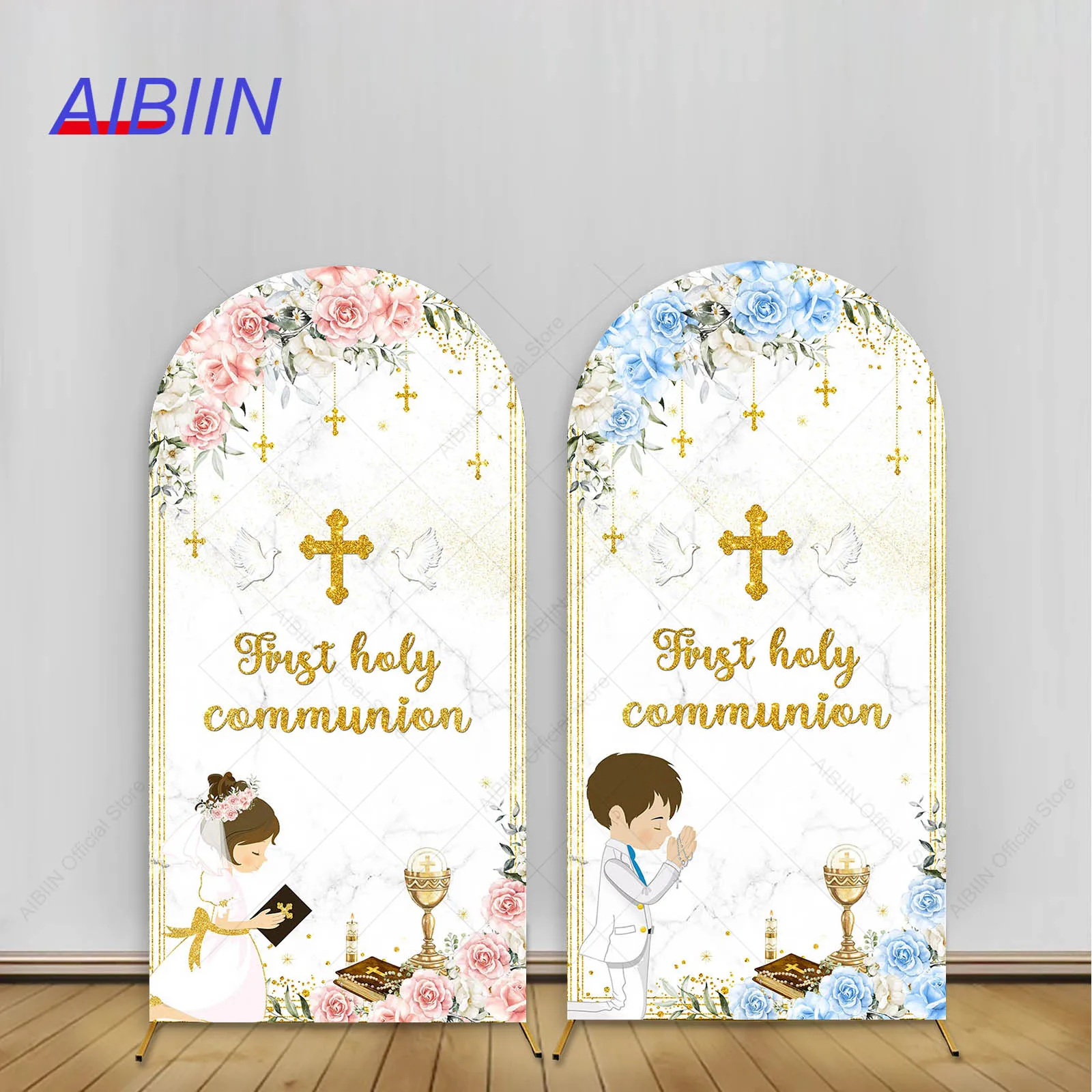 

First Holy Communion Arch Backdrop Cover Blue Boy or Pink Girl Floral Gold Cross God Bless My Baptism Party Decor Background