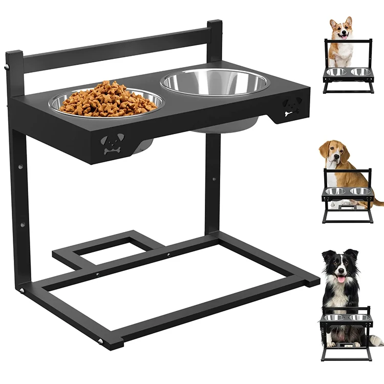 Double Bowl Pet Bowls Adjustable Tall Anti-Rust Stand Raised Pet Feeder Metal Elevated Dog Bowl Holder