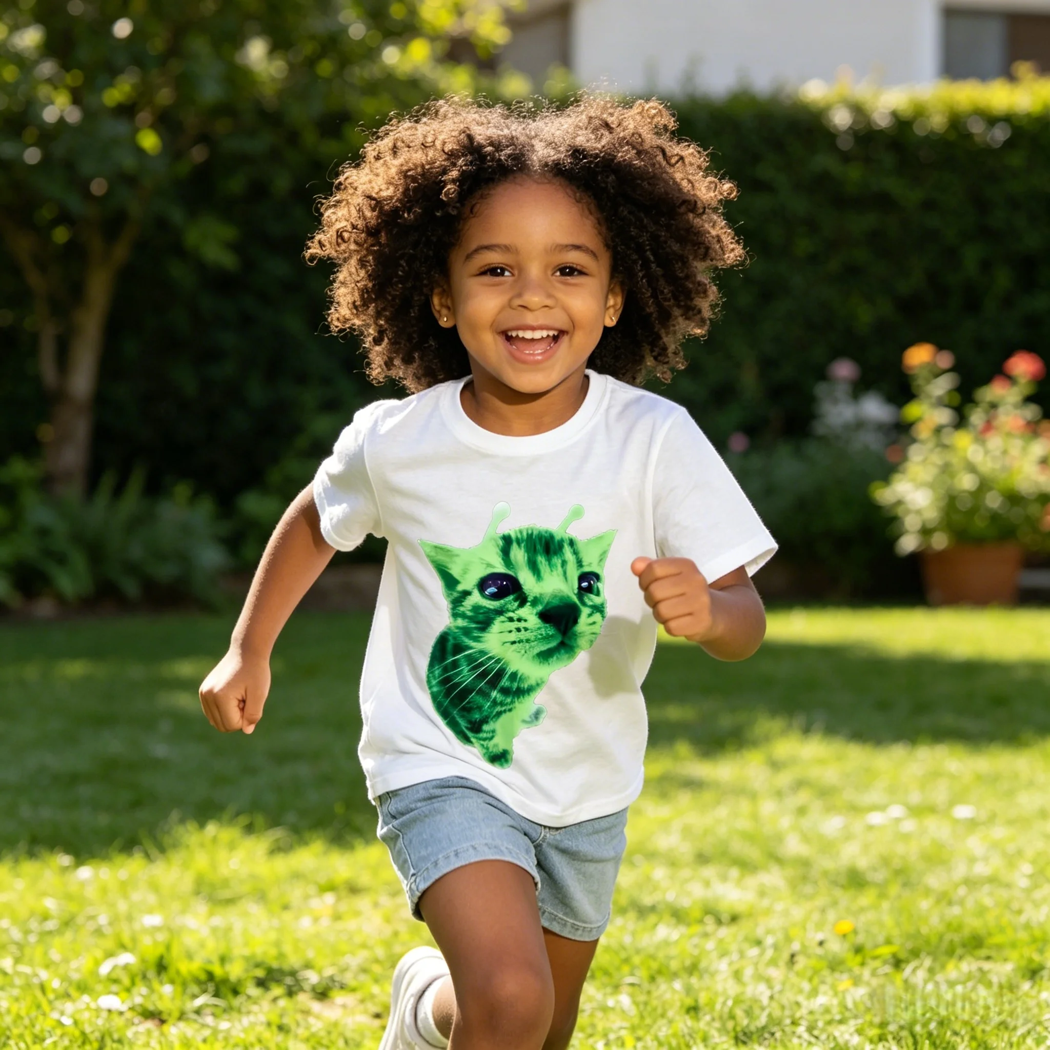 Viral Video Inspired Green Alien Cat Meme T-Shirt for Kids Cute Expressive Eyes Soft Breathable Cotton Casual Fashion Wear