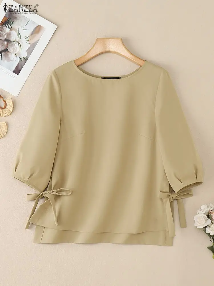

ZANZEA, женские однотонные блузки с боковым разрезом, осень 2022, повседневная блузка с вырезом лодочкой и рукавами 3/4, на шнуровке, женская повседневная одежда, топы