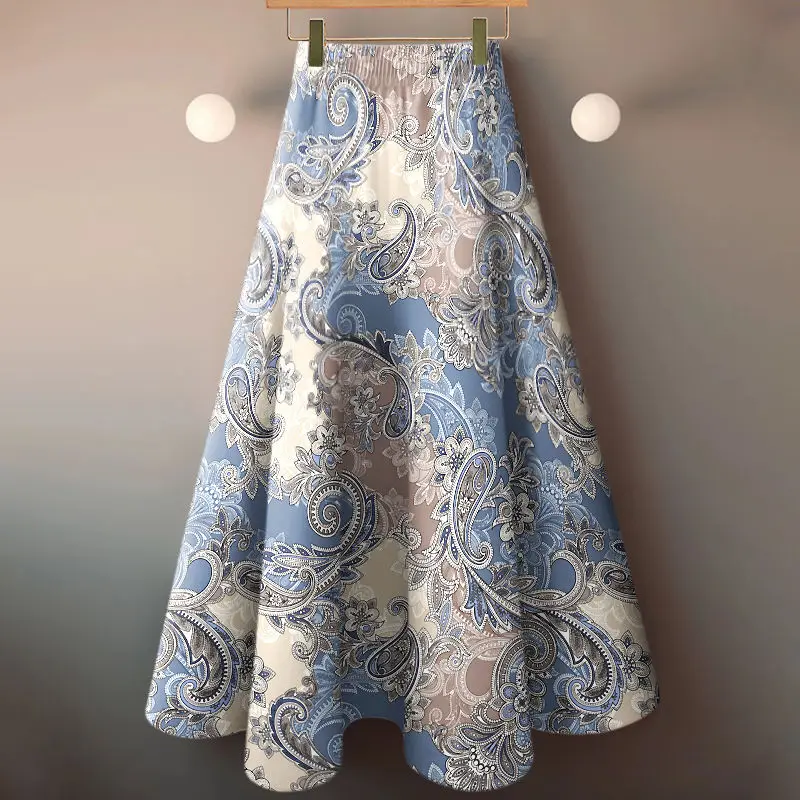 Nueva falda con vuelo grande y estampado de estilo extranjero, falda fina y drapeada de cintura alta