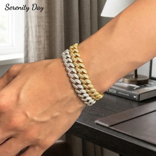 18K Gold Plated Serenity 2 Row Moissanite Cuban Bracelet S925 Sterling Silver Lab Diamond Chain for Women Men Hip Hop