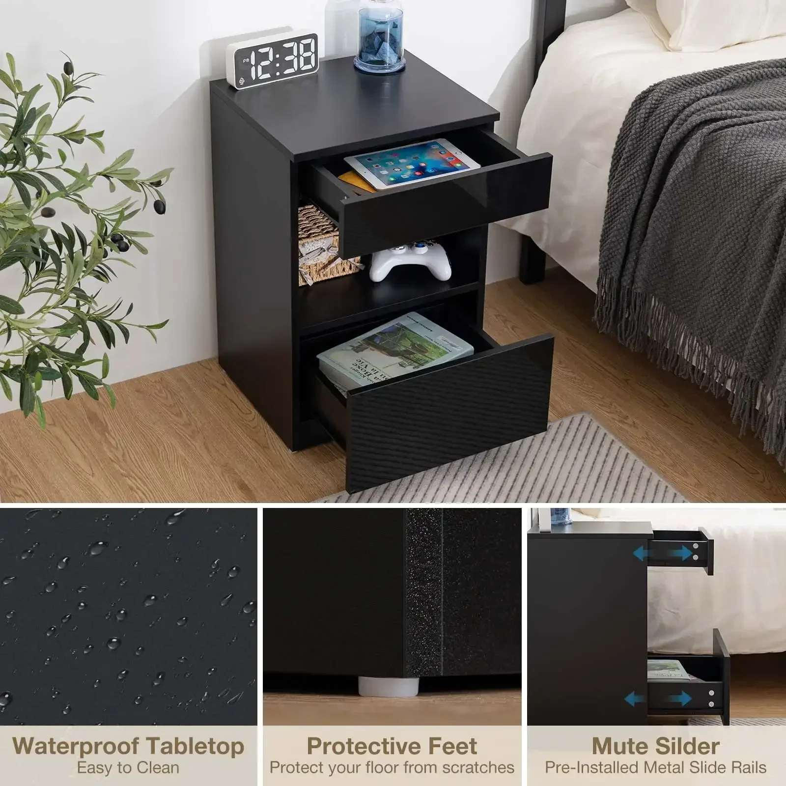 Nightstand, 2 Drawer Nightstand Open Shelf Nightstands Bedside Table Modern End Tables Living Room High Gloss Side Table