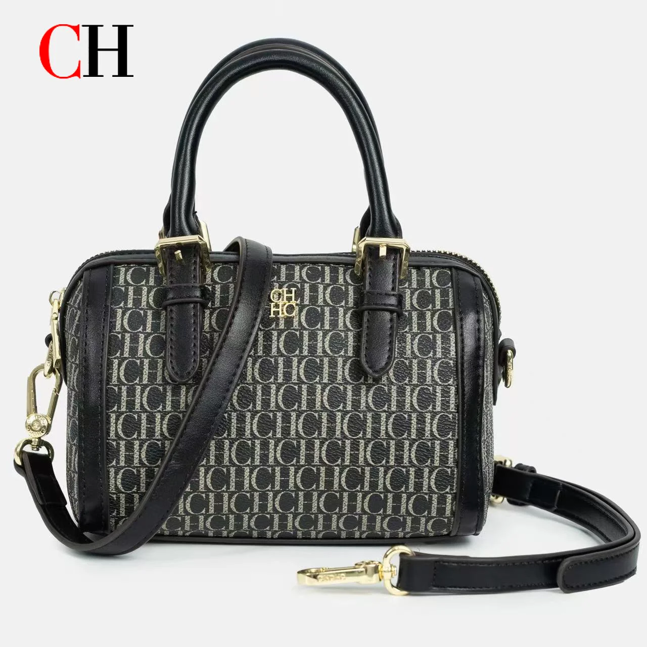 CH Women Vintage Letter Print Boston Bag PU Leather Handbag Shoulder Crossbody Purse Fashion Ladies Mini Tote Travel Bag