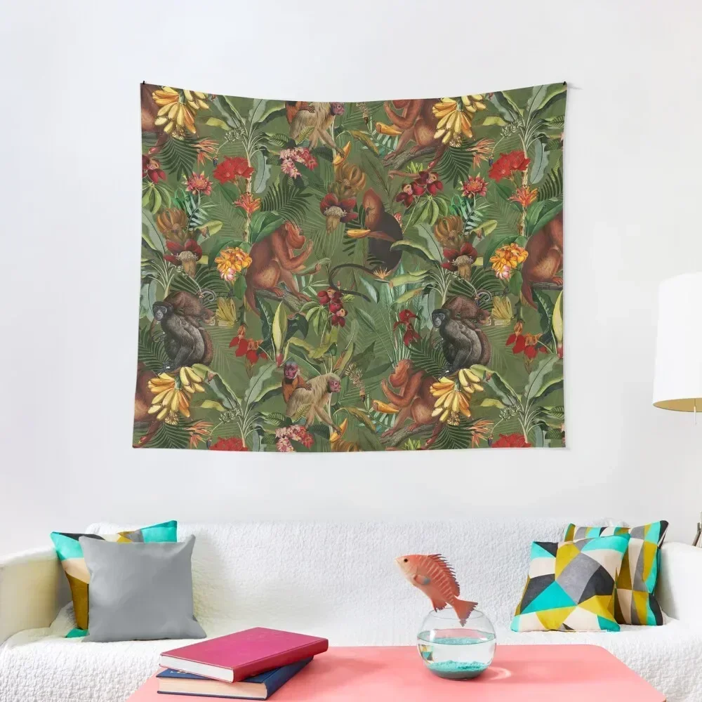 

Tropical monkey jungle pattern - dark green Tapestry Room Decorator Room Decor Aesthetic Tapestry