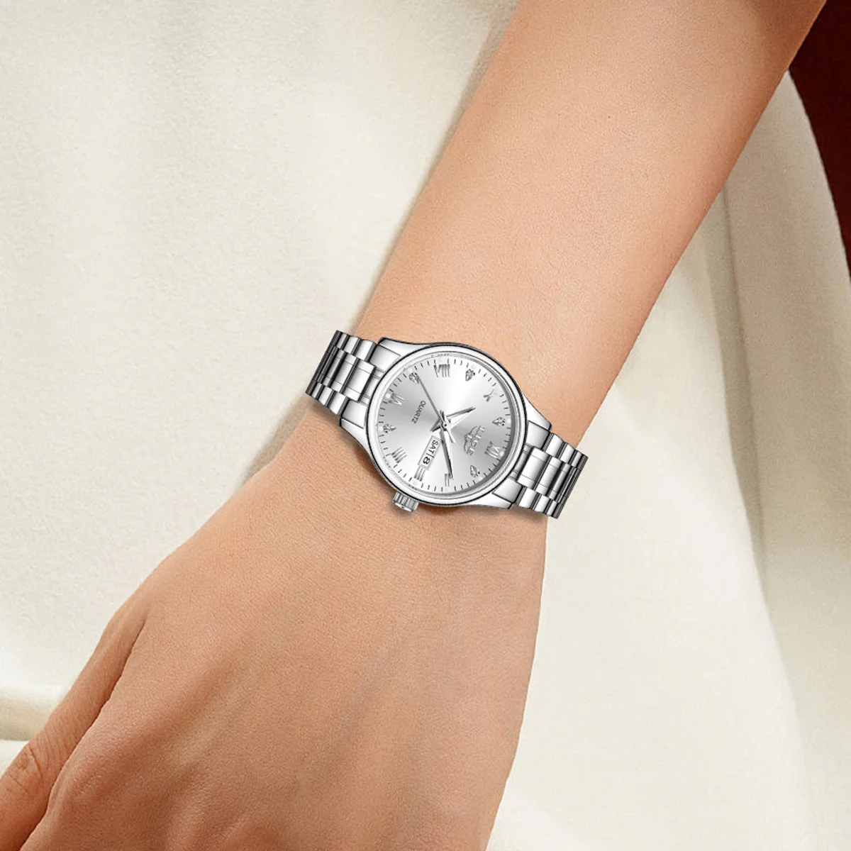 LIGE エレガントな女性の腕時計クラシックダイヤモンドダイヤル防水クォーツ時計デュアル日付防水発光ステンレス鋼レディース腕時計