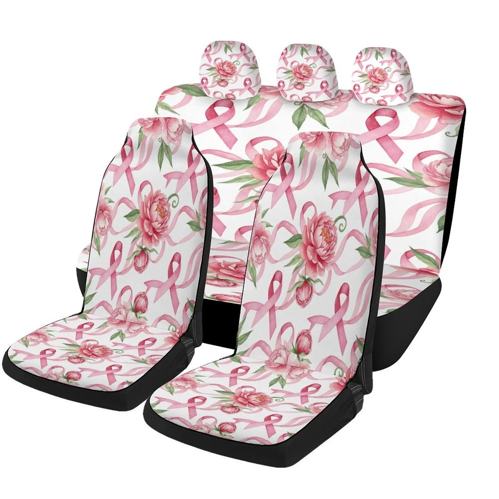 Pink Ribbon Floral Pattern Car Seat Cover Set - Trendy High-Quality Polyester Full Set For 2 Front & Rear Seats, Universal Fit F