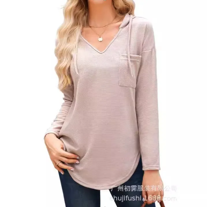 

New Women's V-neck Long Sleeved Hooded Sweatshirt Waffle Hoodie Women's Drawstring Pullover Top Pocket