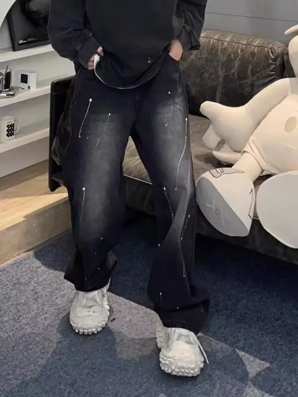 

Niche design ink mid-waist jeans Korean-style washable loose straight pants for men high street retro spring and autumn style
