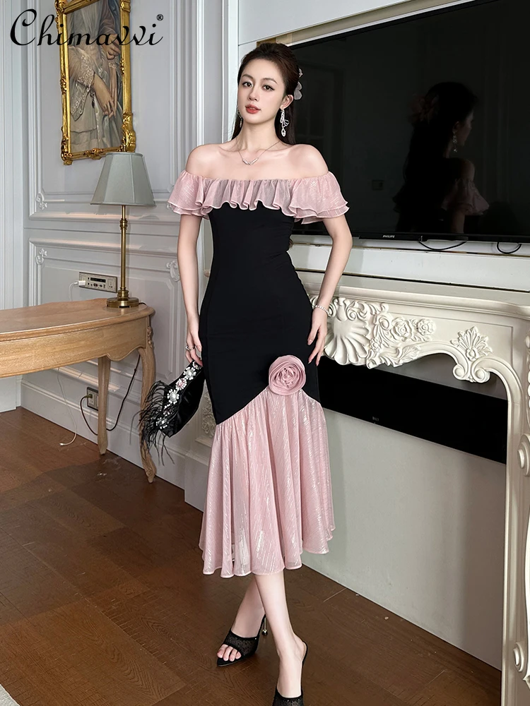 

French Elegant High-end Long Evening Dress Off-shoulder Ruffle Short Sleeve 3D Flower Splicing High-waisted Fishtail Dress Women