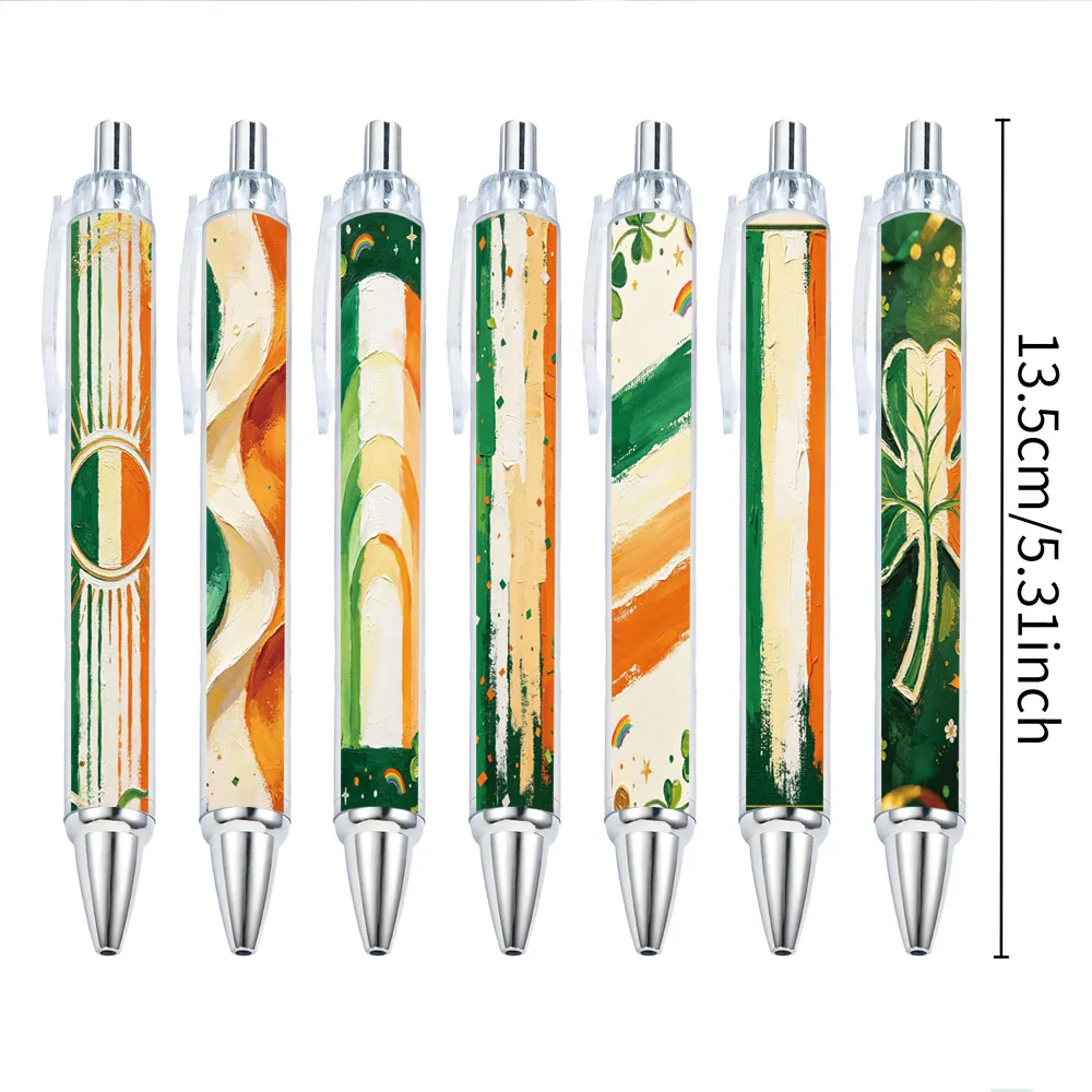 7pcs Irish Tricolor Oil Painting Style Push Button Round Pens with Random Patterns