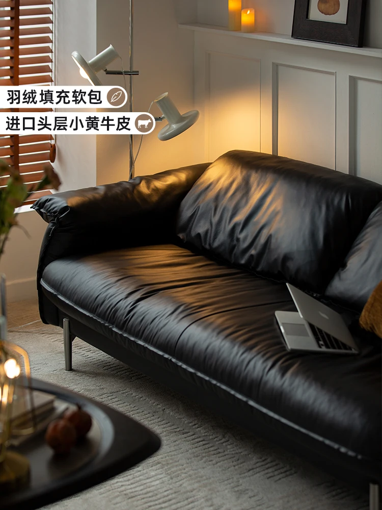 Sofa living room simple black vertical sofa head layer cowhide retro light luxury leather sofa