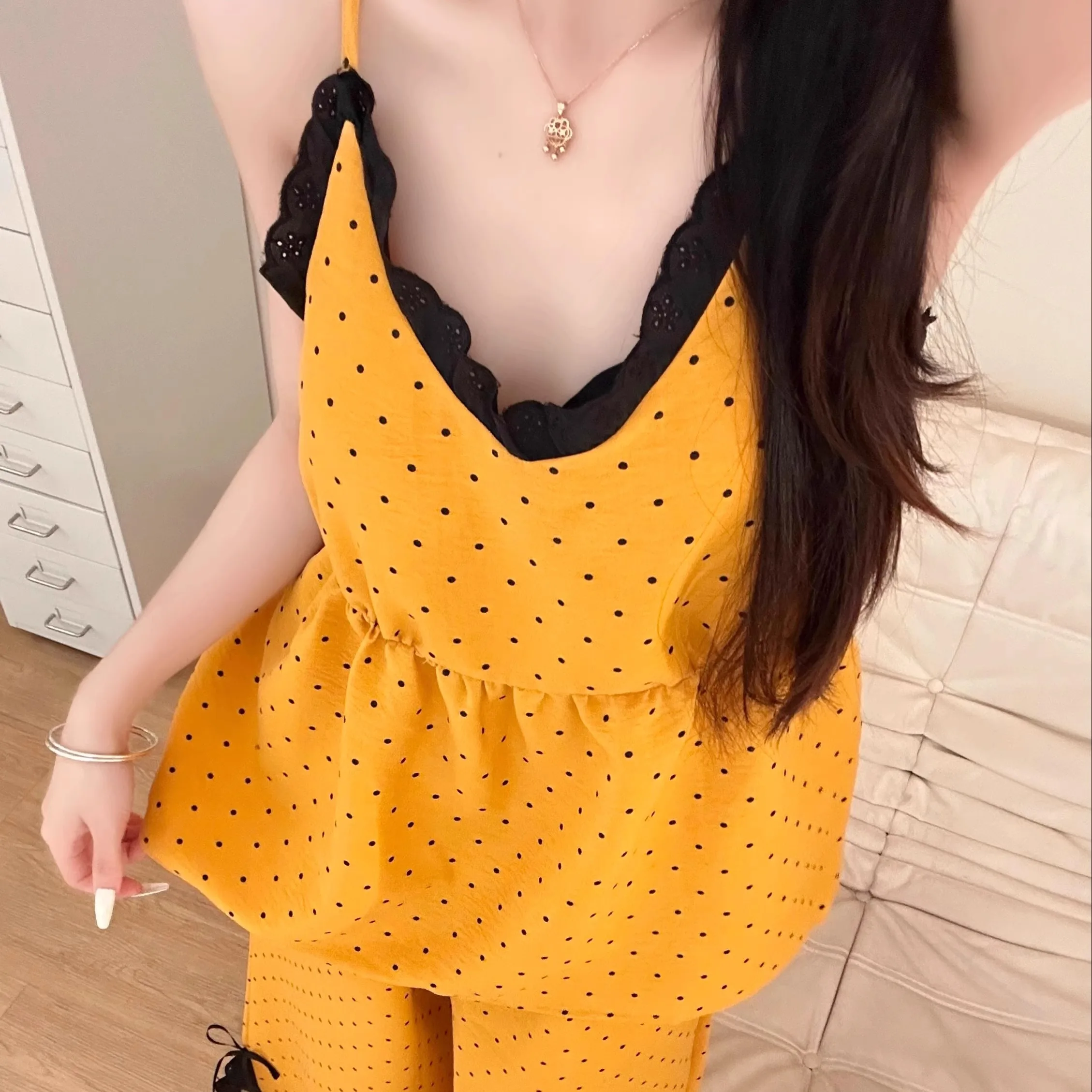 

Korean Sle Sweet Polka Dot Lace Trim Long Pants Spwear Set Women's Summer New plus Size Home Clothes Set V-Ne Svel