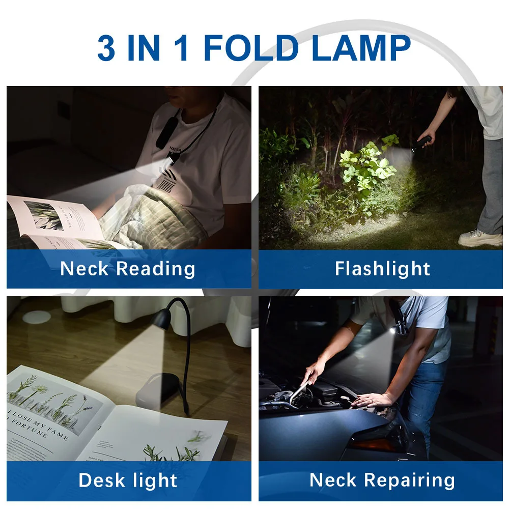 3 In 1 Folding Neck Lamp Three Colors Reading Desk Lamp Adjustable LED Flashlight Rechargeable Outdoor Portable Pocket Bag Light