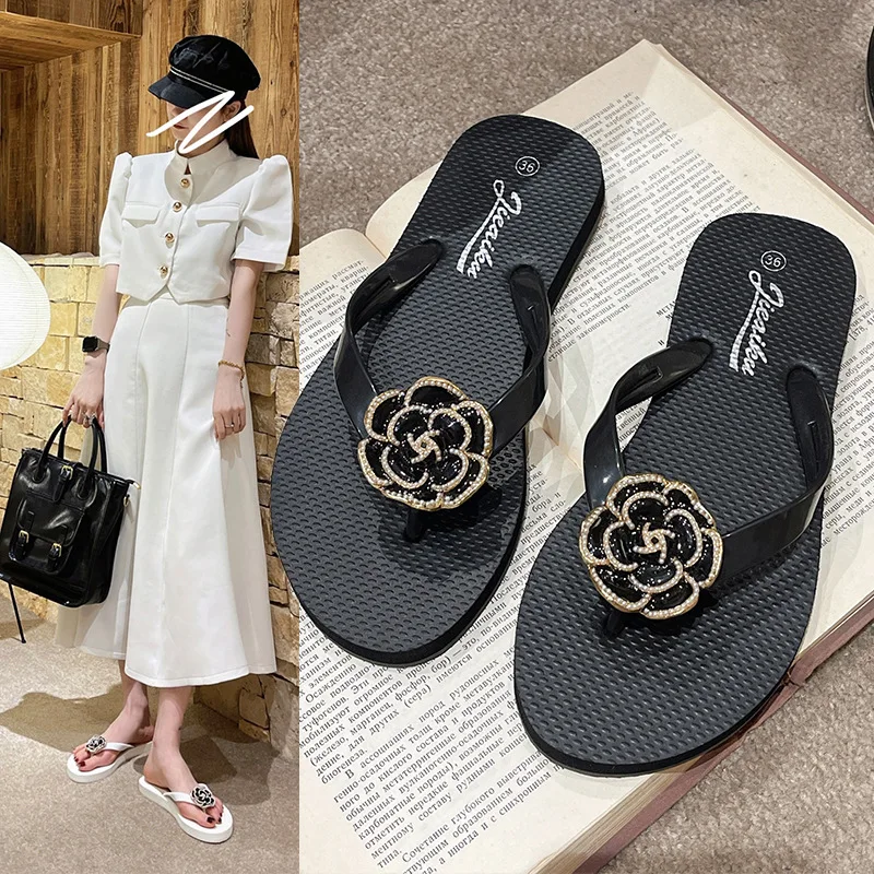 Women Camellia Flip-flops Shoes Black Flat Casual Beach Shoes 2023 Summer Peep Toe Comfort Outdoor Walking Sandal Chanclas Mujer