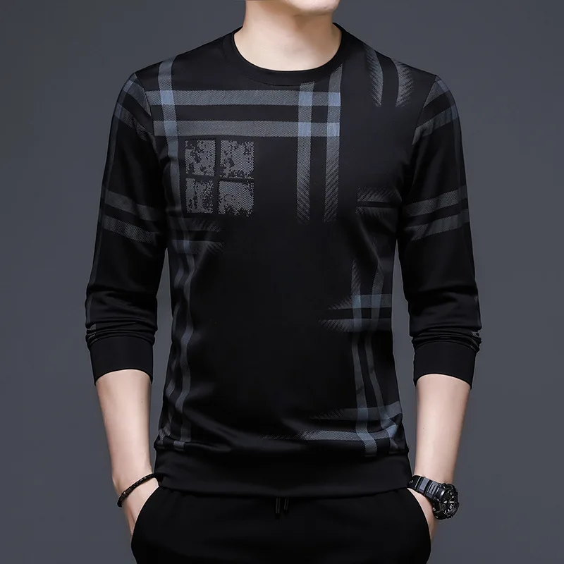 Autumn and Winter Men's Pullover Round Neck Stripe Plaid Printed Solid Long Ssleeve Sports Sweater Underlay Fashion Casual Tops
