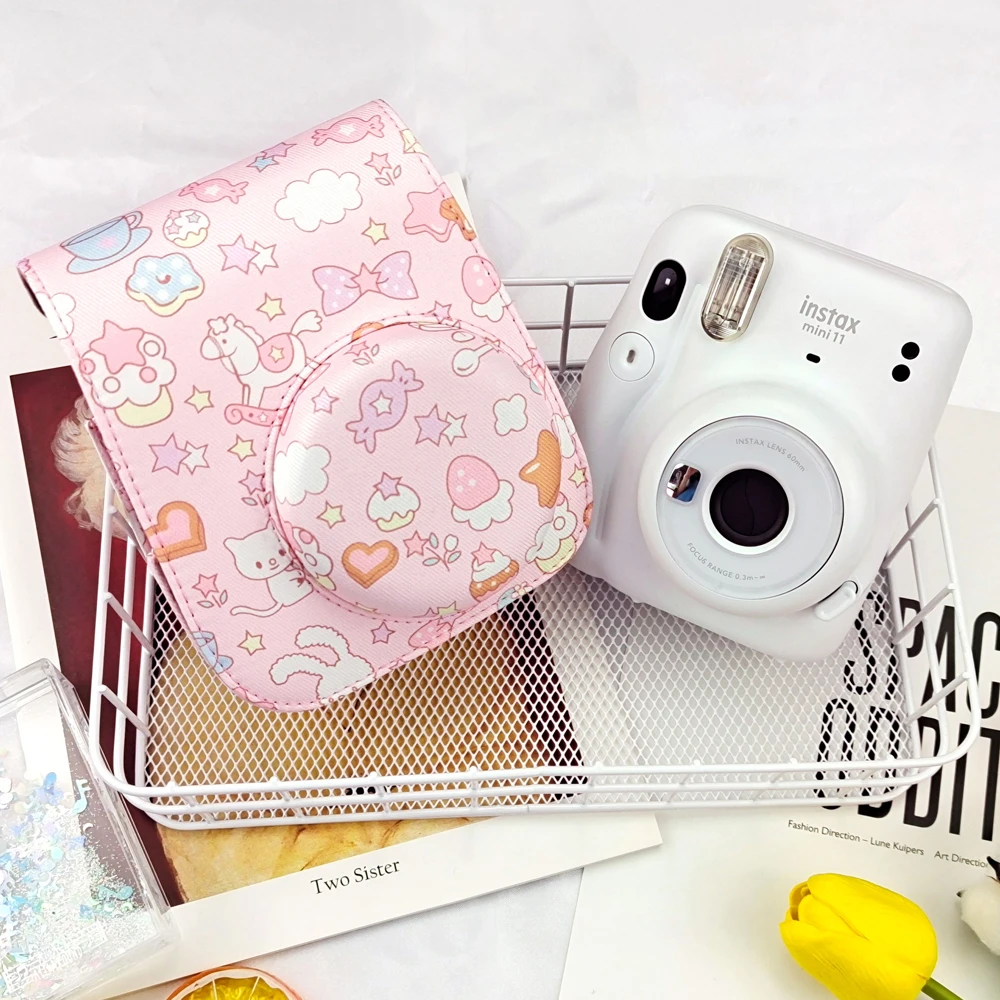 New For Fujifilm Instax Mini 11 Instant Film  PU Leather Bag Case Cover Shell Pink Cute Rabbit With Shoulder Strap Camera Bag