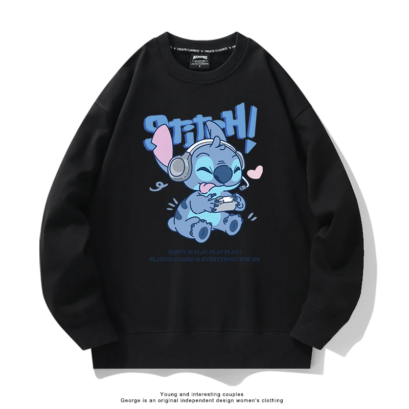 Amerikaanse trendy cartoon stitch print 2025, herfst nieuwe trui met ronde hals, losse paar sporttop met lange mouwen, eenvoudige campuskleding