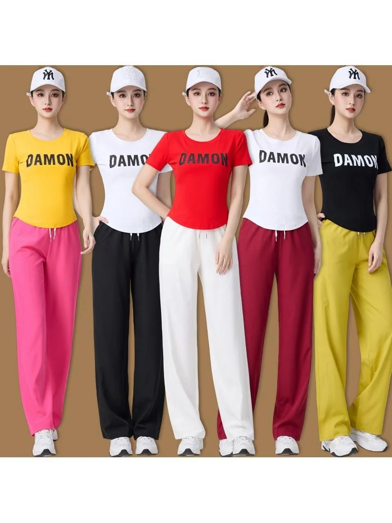 女性用スクエアダンス衣装-コットン半袖トップとストレートレッグパンツ-2点セット-チームパフォーマンス-春夏