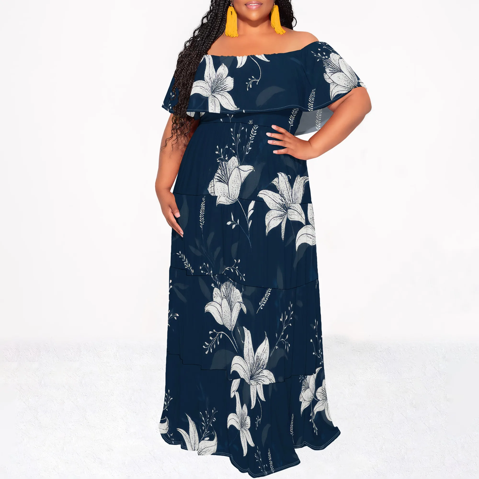 

Womens Off The Shoulder Dress Summer Casual Long Ruffle Party Side Split Beach Maxi Dresses with Pockets