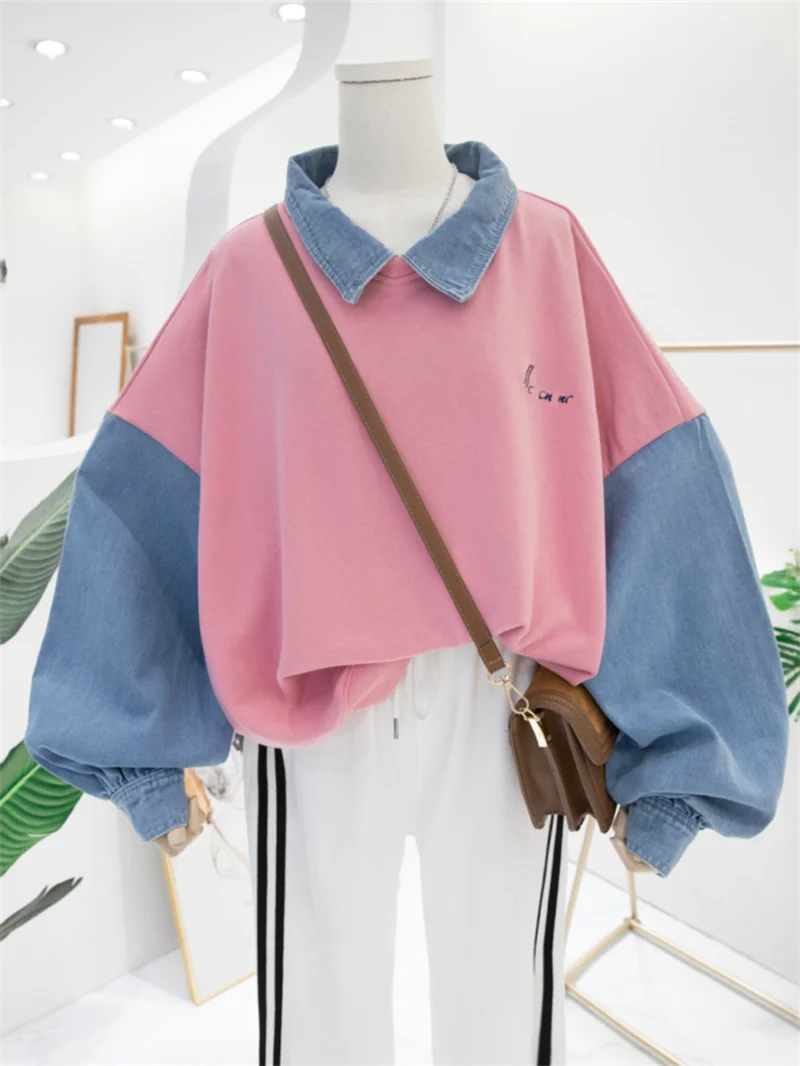 

Collar Sweatshirt Women's Spring Autumn Thin Version New Korean Loose Denim Patchwork Color Block Lazy Style Jacket