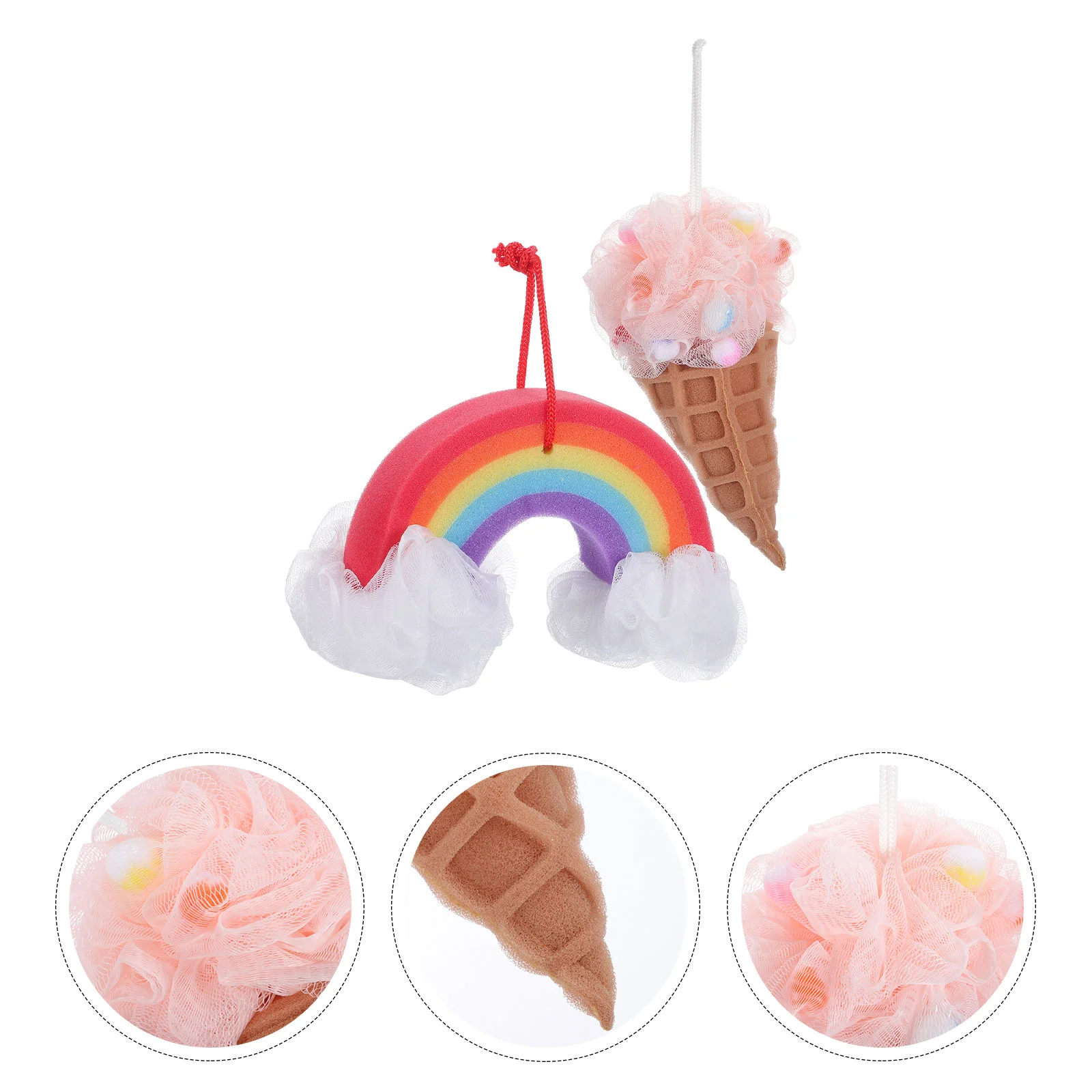 2 Pcs Rainbow Bath Flower Sponge Loofahs for Shower Frosted Towel Ball Kids Exfoliating Back Scrubber Body Baby Ice Cream