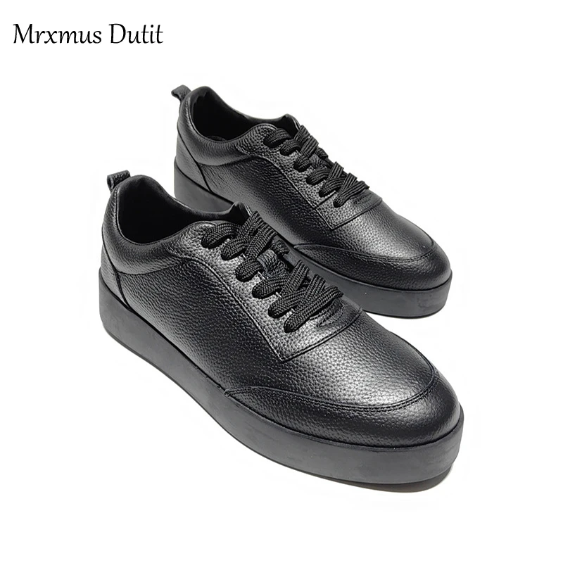 Mrxmus 2024 Spring Summer New Men Genuine Leather Lacing Thick Sole Flat Sneaker Solid Simple Casual Versatile Shoes Male Chic