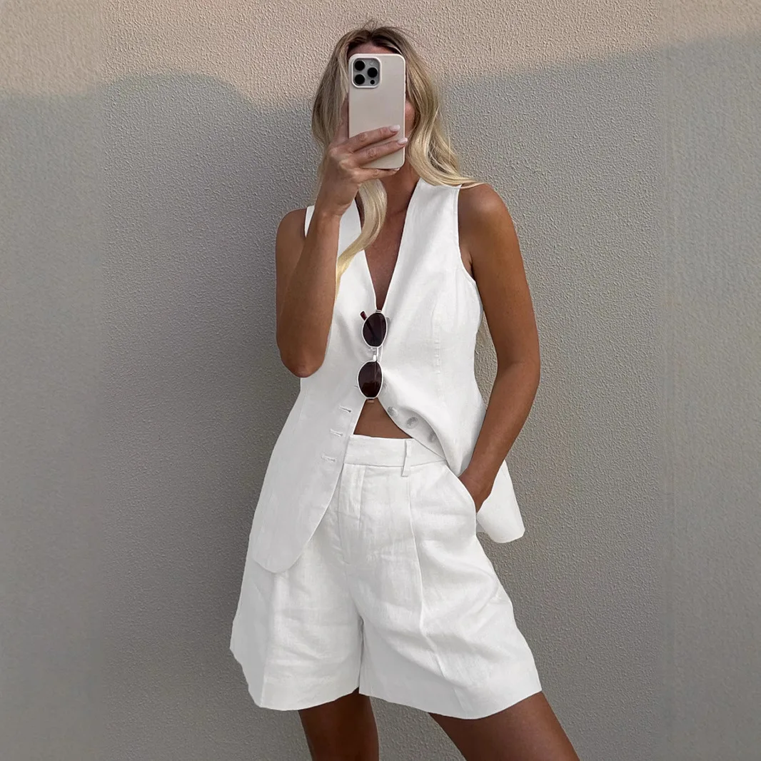 Wolfeel Cotton linen Chic Casual Vest Shorts Set Women's Fashion Commuter Sleeveless Tank Top Loose Shorts Suits Summer New