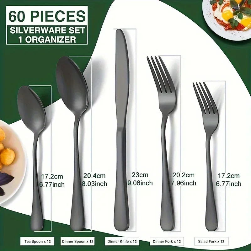 60 Pieces Cutlery Set with Drawer Storage Box Including Knives, Forks Spoons  Dishwasher Safe Suitable Dinnerware Set