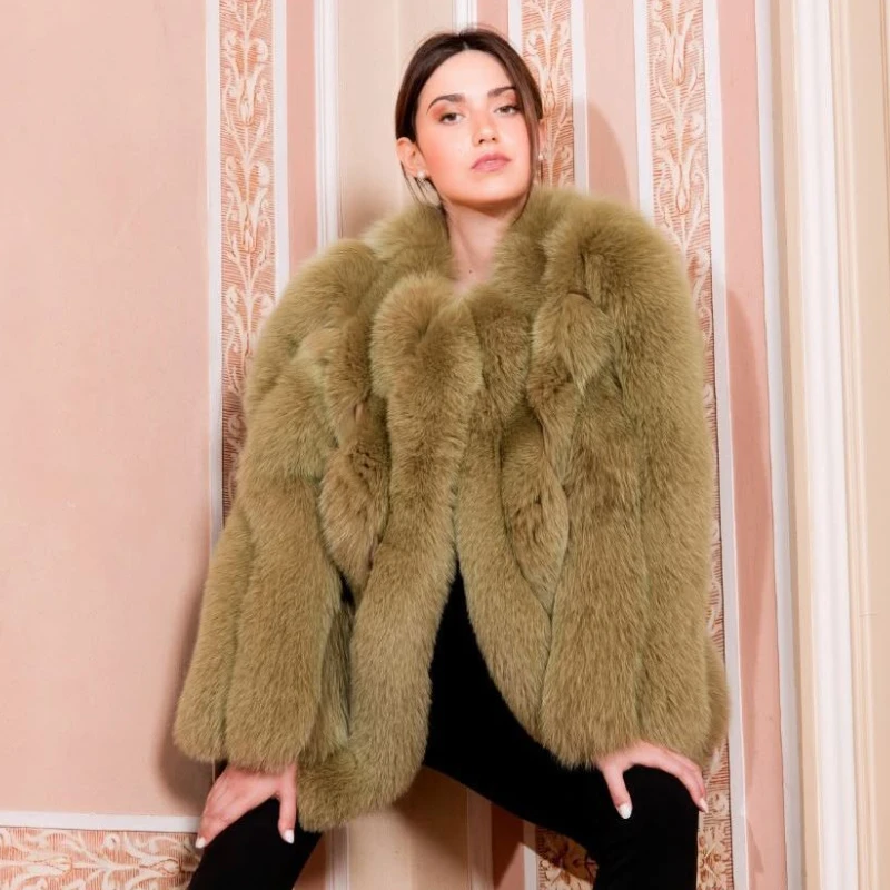 Luxury Mid-Length Women Real Fox Fur Coat Winter Fashion Warm Natural Fur Full Pelt Jacket Female Elegant Real Fur Outwear