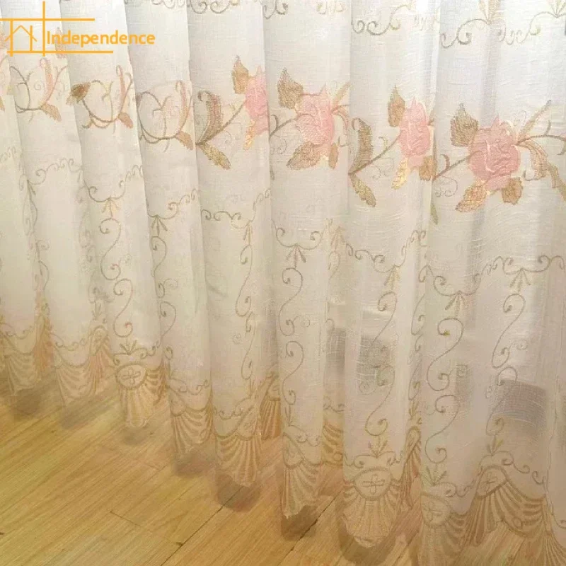 

Pink Rose Embroidered Cotton and Hemp Embroidery White Window Screen Living Room Balcony Drifting Window Dining Room Curtain