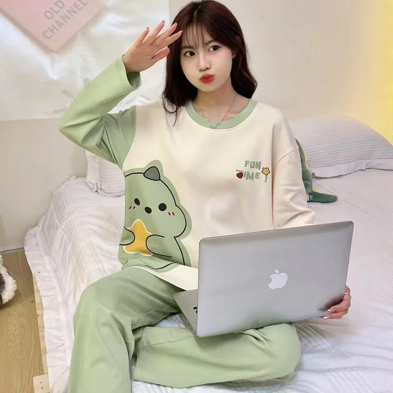 New Women\'s Spring and Autumn Pajamas Homewear Suit Girls Long-Sleeved Students Ins Wind Autumn and Winter Loose Homewear