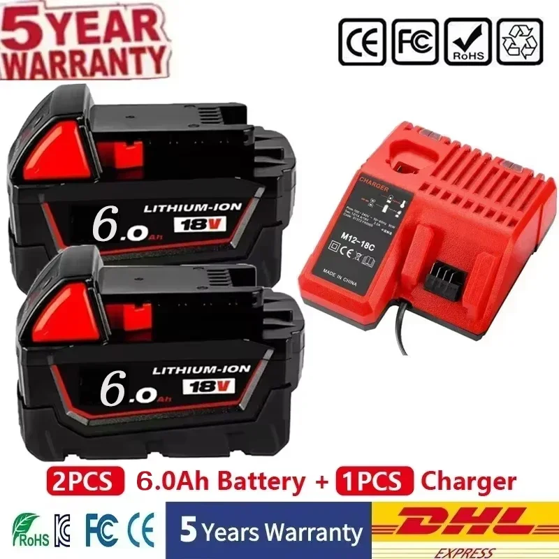 voor Milwaukee M18 Power Tool Batterij, Oplader, BR, XC, 18V, 12000mAh M18B5, 48-11-1860, Ingebouwde 21700 Batterij