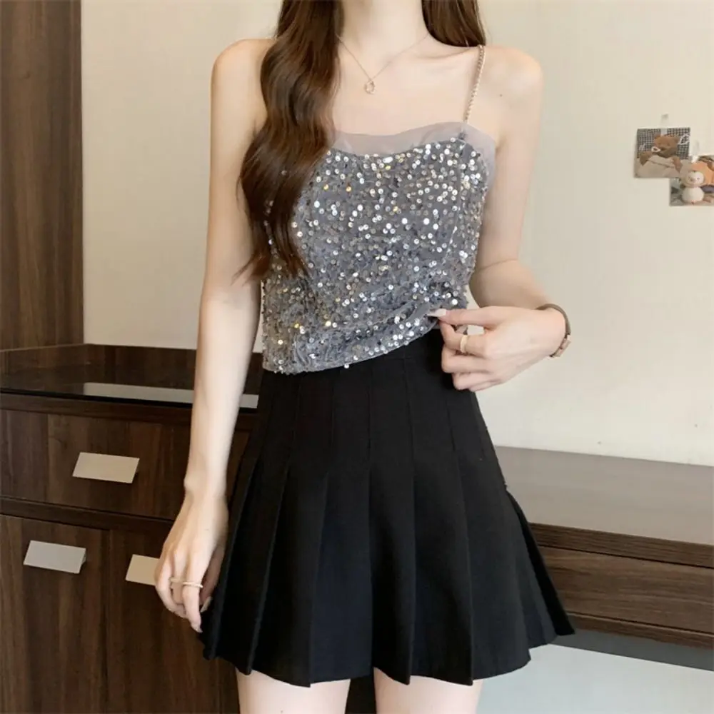 Top corto de moda, chaleco de lentejuelas brillantes, camisa de fondo dulce ostentosa, camisola ajustada sin mangas para fiesta, estilo picante para niña