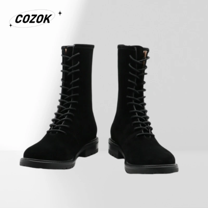 Top Quality Light Effect Cowhide Suede Zipper LASE-up Boots   bottine  luxury brand  bottes hiver pour femme  botas de mujer