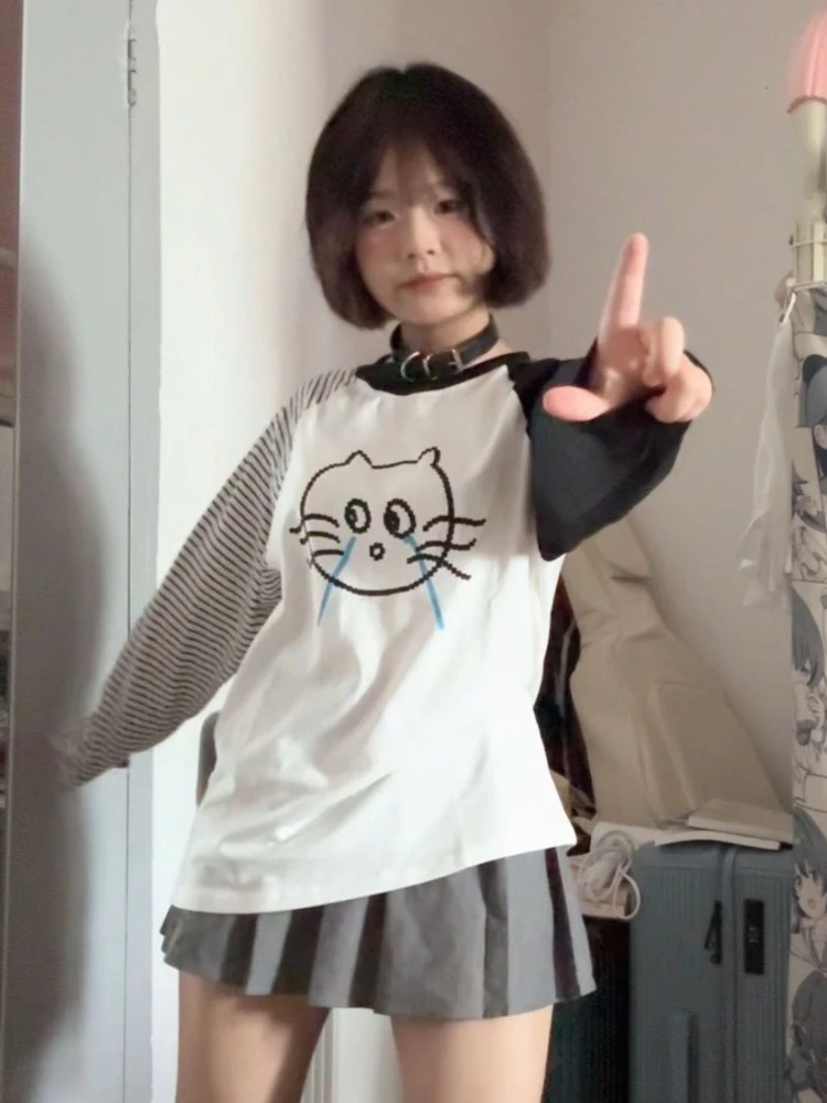 

Japanese Kawaii T Shirt Striped Contrast Color Cartoon Print Long Sleeve Tees Y2k Harajuku Vintage Tops All Match Women Clothing