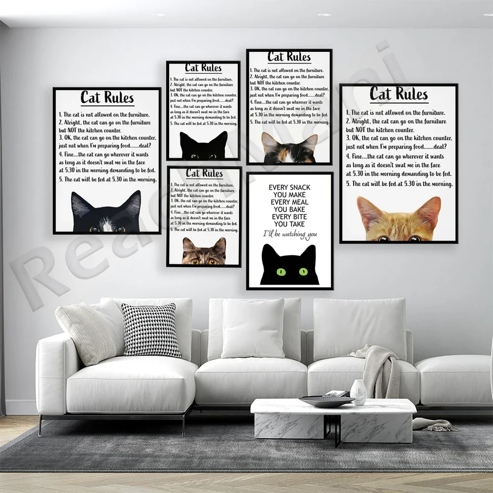 cat house rules funny calico cat black cat art print, funny pet wall art canvas prints poster decor painting gift