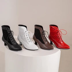 White Red Women Victorian Pointed Toe Ankle Boots PU Leather Embroidered Laces Punk Cross-tied Kitten High Heel Shoes Plus Size