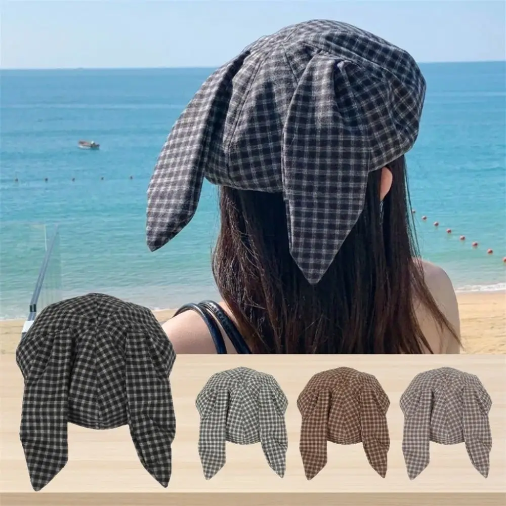 Bild 4: Niedliche achteckige Mütze mit langen Hasenohren, großer Kopfumfang, Newsboy-Mütze im koreanischen Stil, vielseitige karierte Baskenmütze für Frühling und Sommer