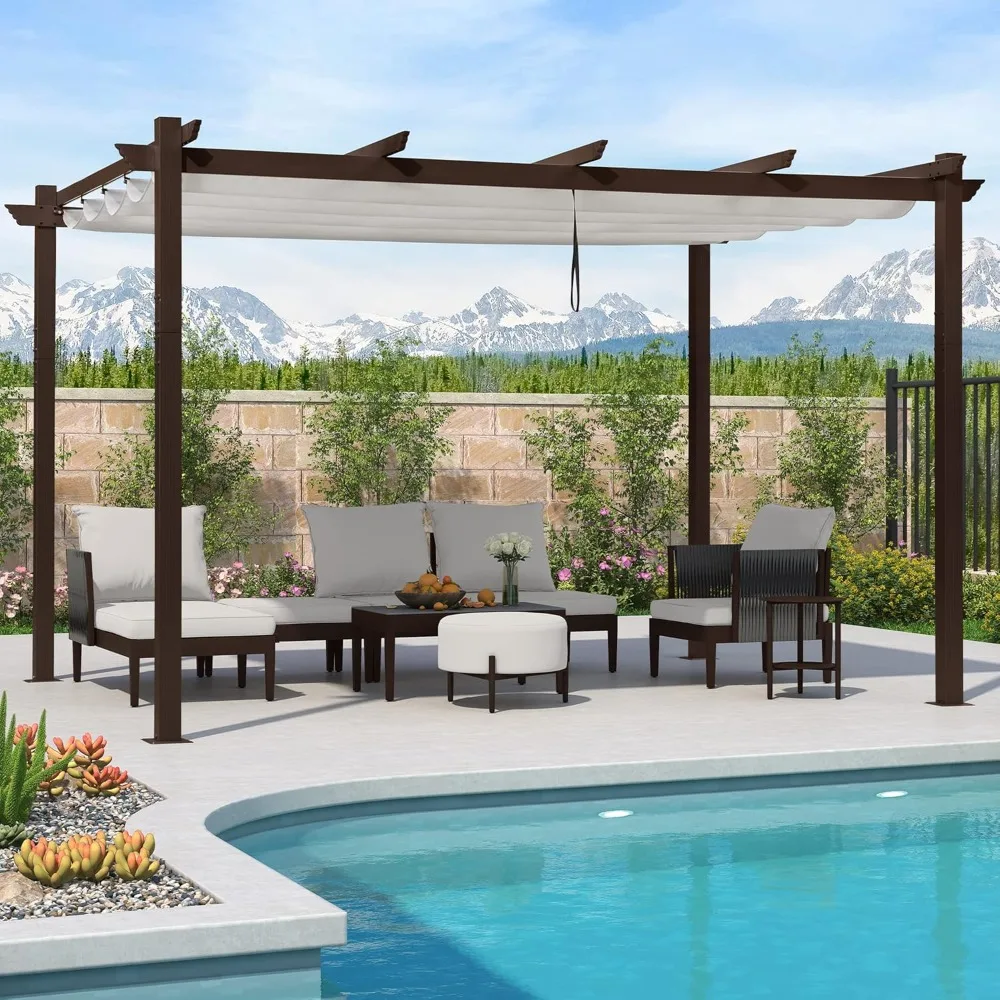 10' X 13' Outdoor Retractable Pergola, with Patio Sun Shade Canopy DIY Modern Heavy-Duty Brown Shelter ,Outdoor Canopy