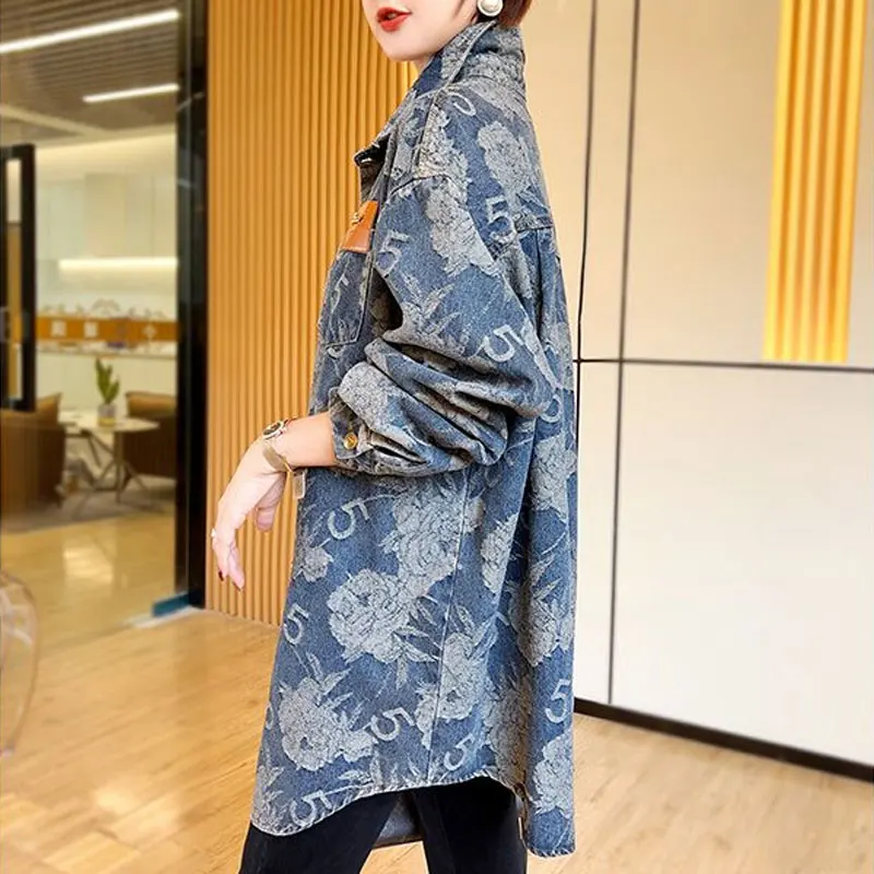 Fashion Vintage Loose Denim Shirt Female Clothing Casual Turn-down Collar Spring Autumn Commute Printed Single-breasted Blouse