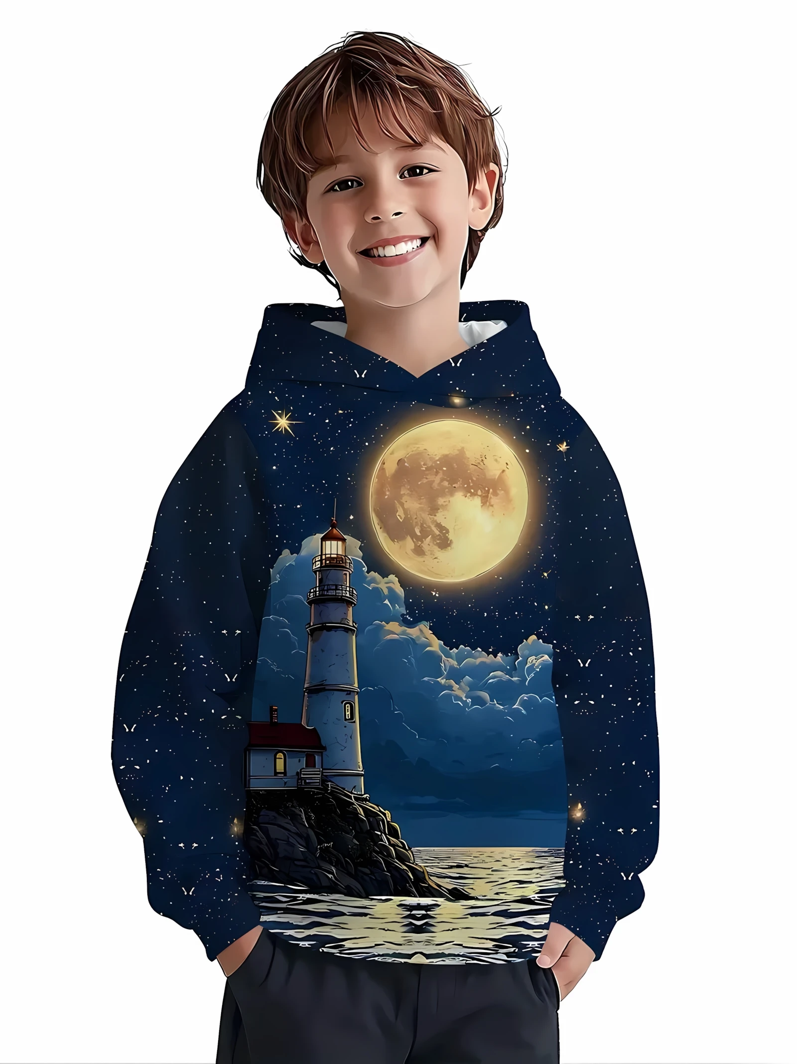 

The 2025 autumn new Moon Lighthouse 3D printed children's hoodie and fashionable casual hoodie