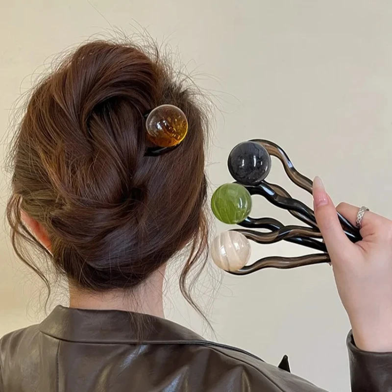 

New Retro Simple Beaded Hairpin U-shaped High-end Hair Sticks Personality Acrylic Hair Clasp for Women Elegant Head Accessories
