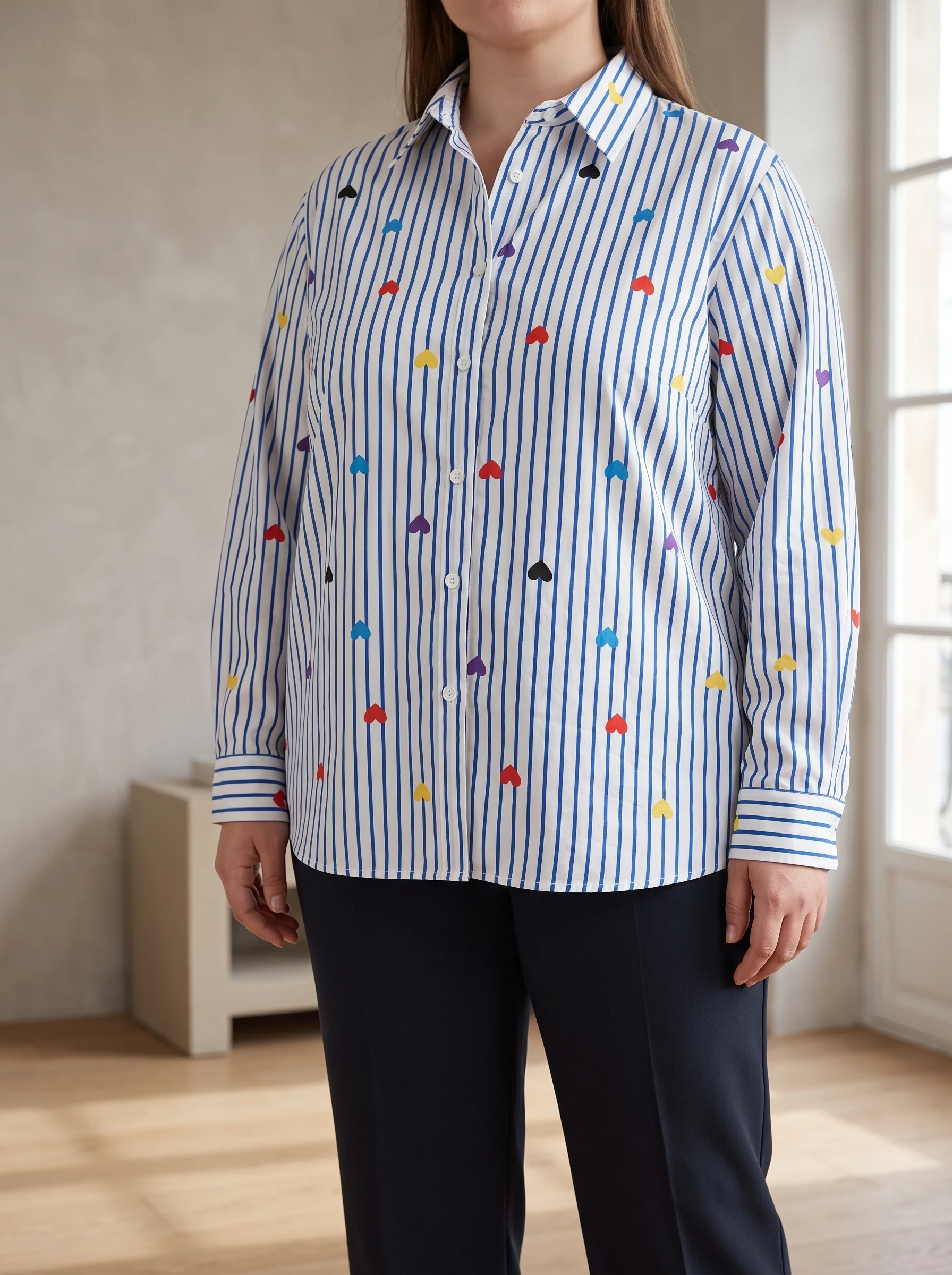 Rosa Fera Plus Size Women's Long Sleeve Striped Shirt Colorful Heart Print Button Front Loose Fit Casual Blouse
